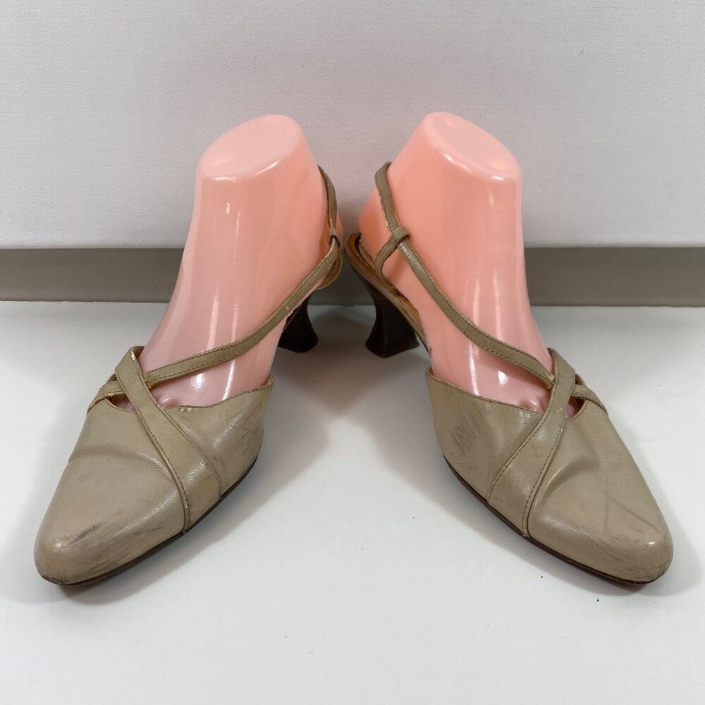 Vintage Highlights Womens Tan Strap Sandal Pumps Shoes 2" Spoon Heel Size 9.5